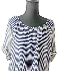 C.O.C. Womens‎ 3XL Navy White Striped Short Sleeve High Low Chiffon Blouse Top
